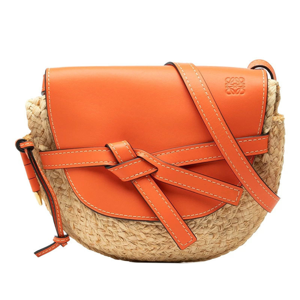 Loewe Anagram Gate Shoulder Bag Beige Cream Orange Raffia Leather
